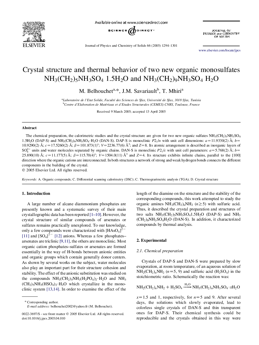 Crystal structure and thermal behavior of two new organic monosulfates NH3(CH2)5NH3SO4 1.5H2O and NH3(CH2)9NH3SO4 H2O