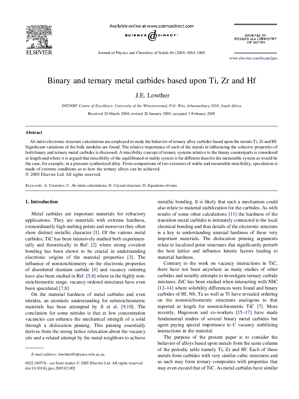 Binary and ternary metal carbides based upon Ti, Zr and Hf