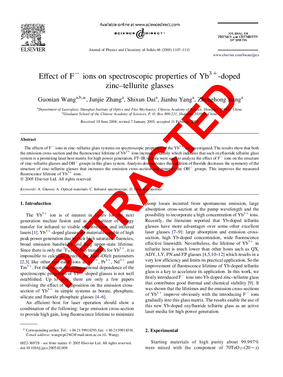 RETRACTED: Effect of Fâ ions on spectroscopic properties of Yb3+-doped zinc-tellurite glasses