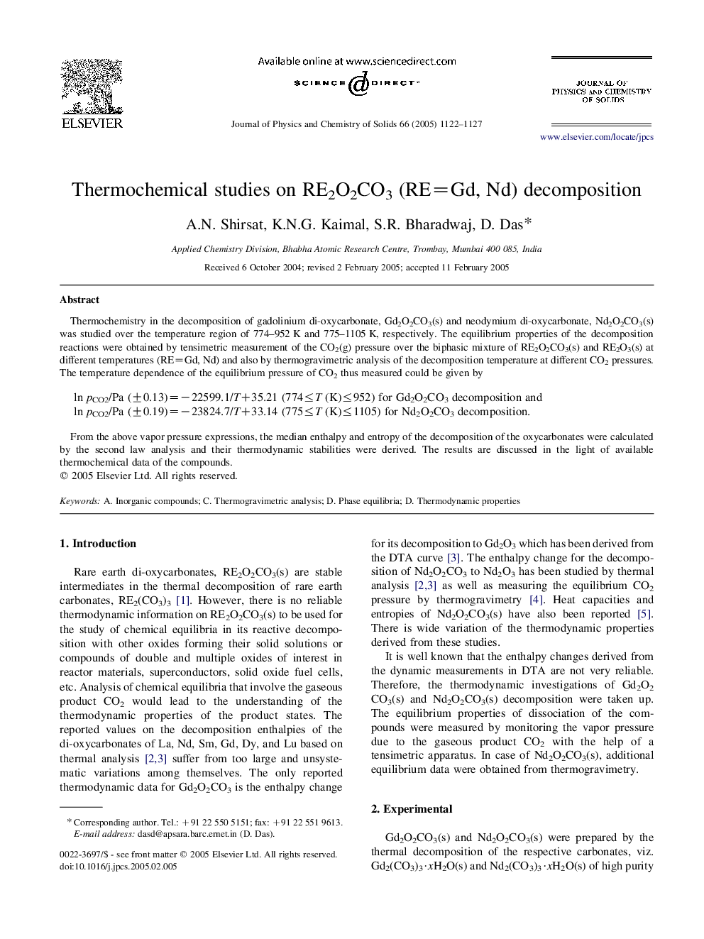 Thermochemical studies on RE2O2CO3 (RE=Gd, Nd) decomposition