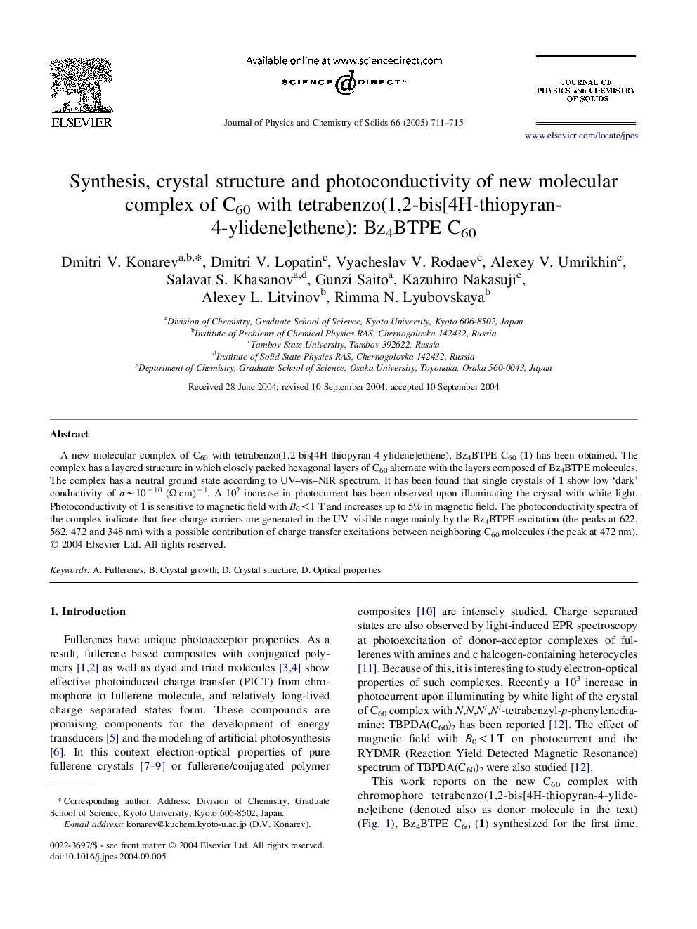 Synthesis, crystal structure and photoconductivity of new molecular complex of C60 with tetrabenzo(1,2-bis[4H-thiopyran-4-ylidene]ethene): Bz4BTPE C60