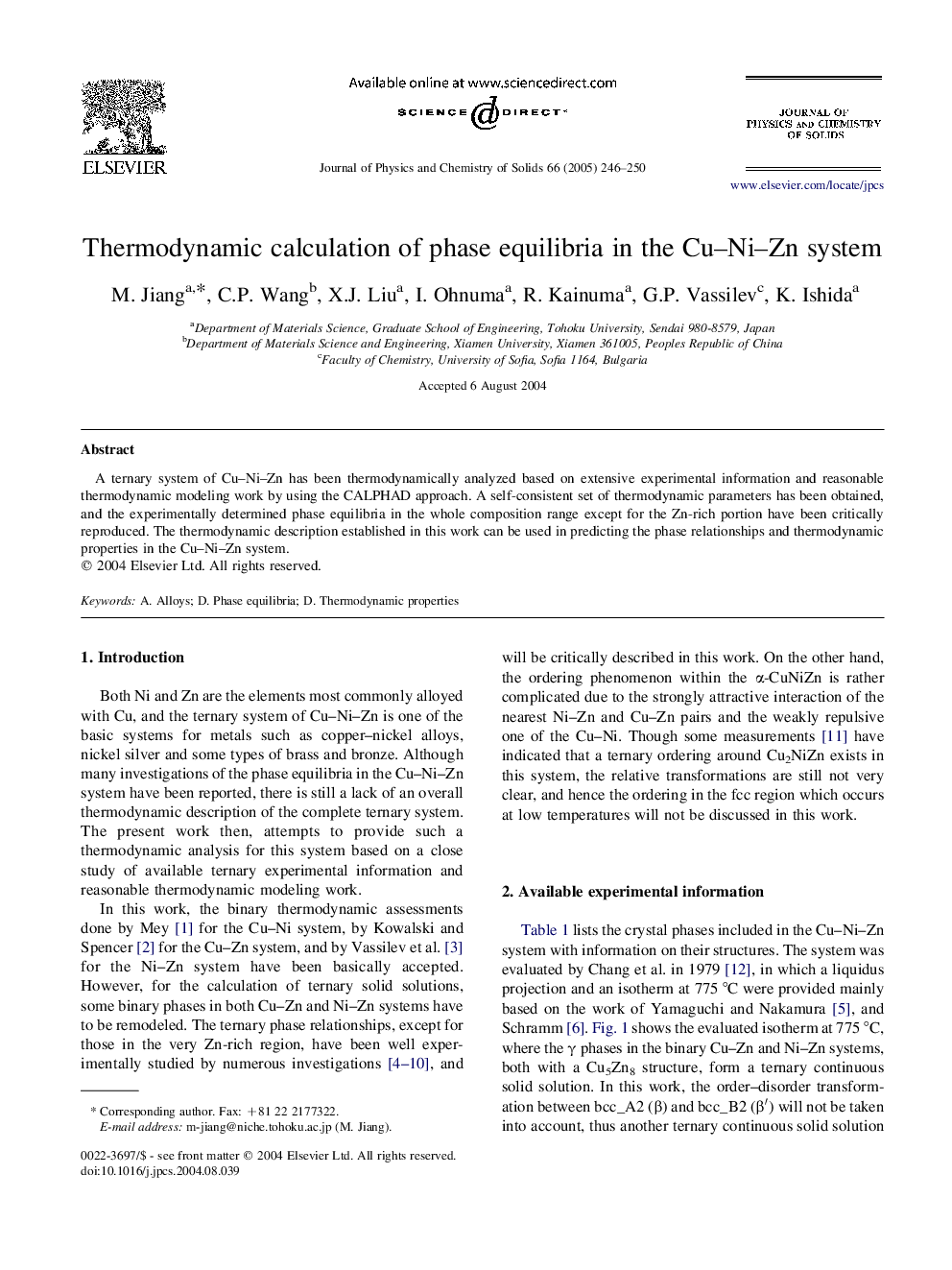 Thermodynamic calculation of phase equilibria in the Cu-Ni-Zn system