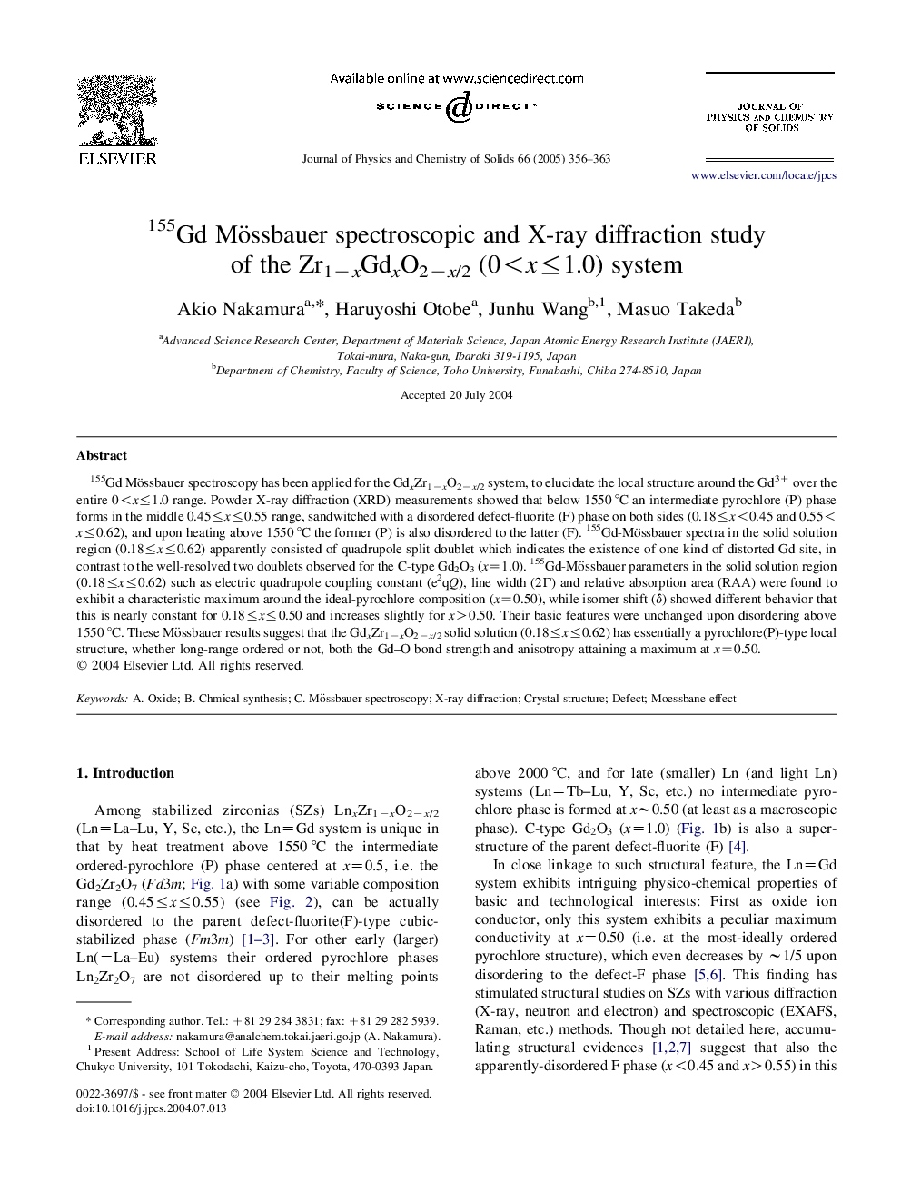155Gd Mössbauer spectroscopic and X-ray diffraction study of the Zr1âxGdxO2âx/2 (0<xâ¤1.0) system
