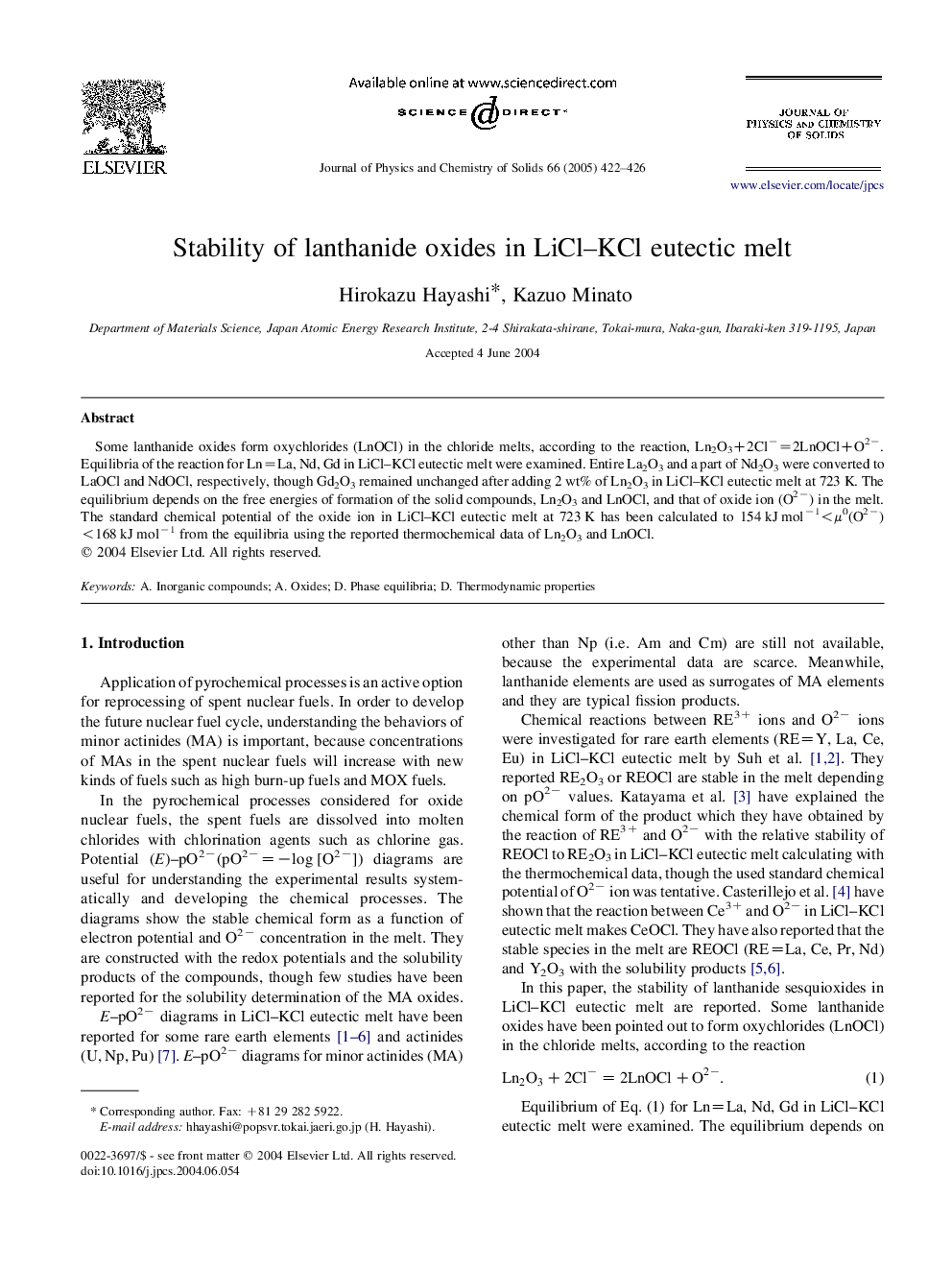 Stability of lanthanide oxides in LiCl-KCl eutectic melt