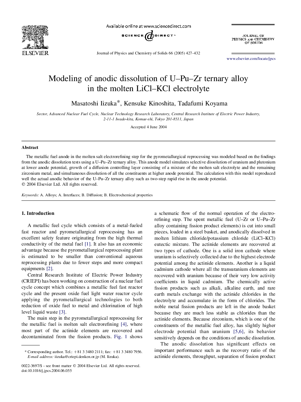 Modeling of anodic dissolution of U-Pu-Zr ternary alloy in the molten LiCl-KCl electrolyte