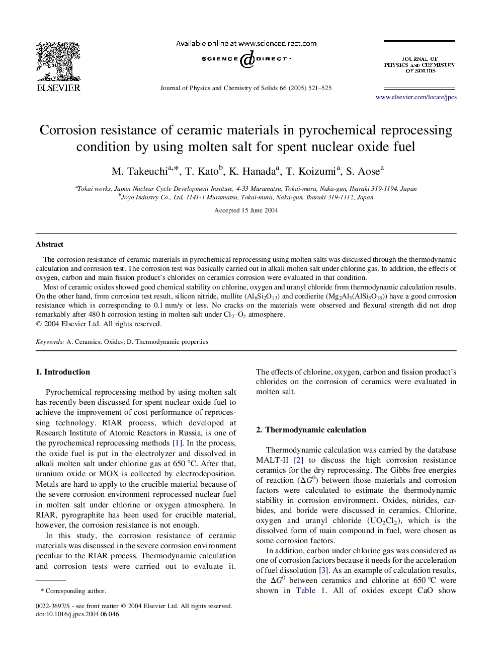 Corrosion resistance of ceramic materials in pyrochemical reprocessing condition by using molten salt for spent nuclear oxide fuel