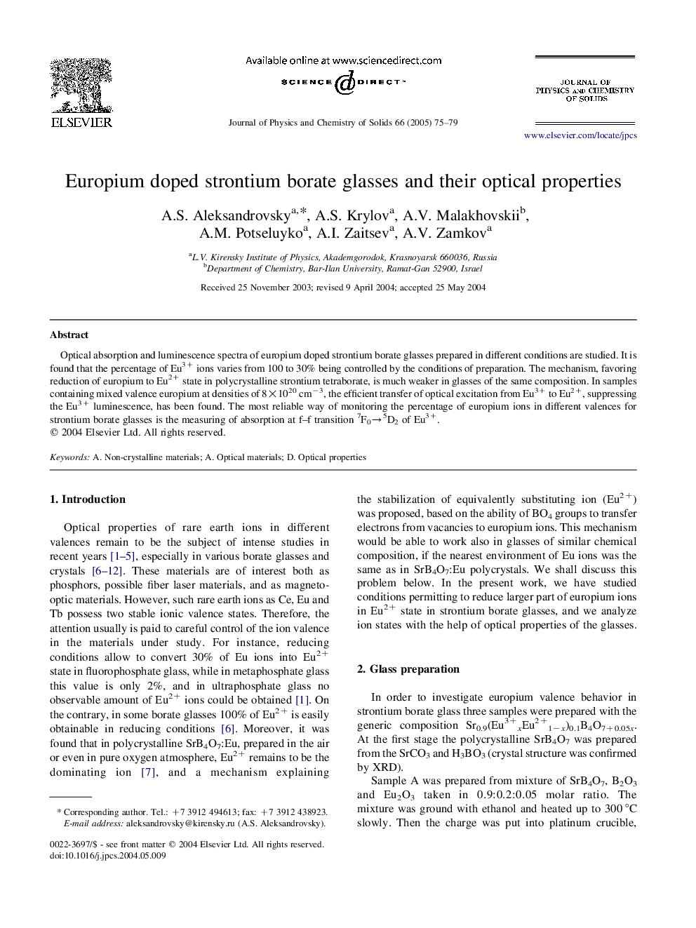 Europium doped strontium borate glasses and their optical properties