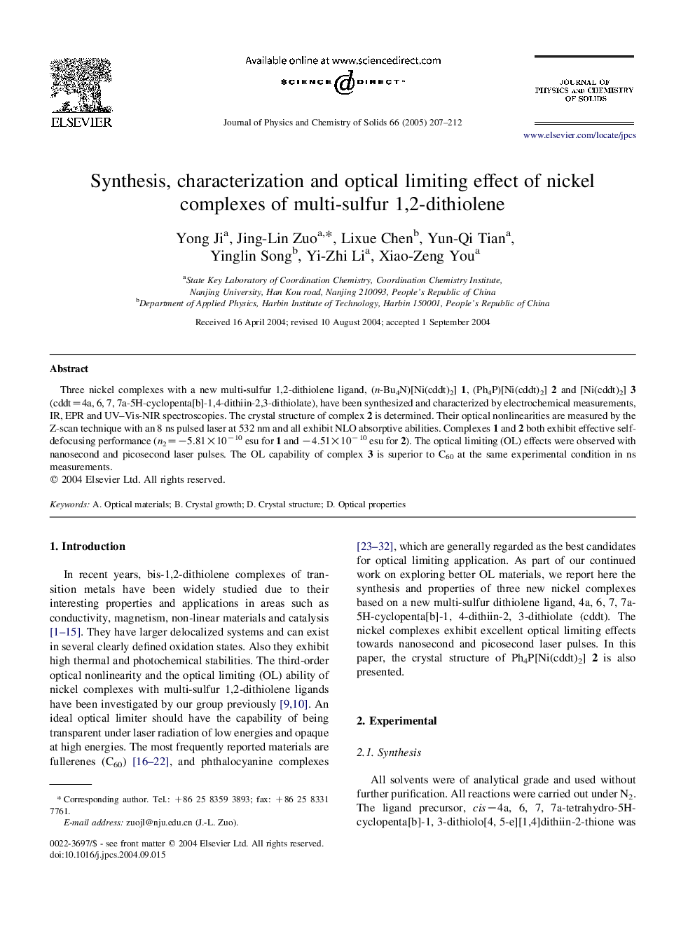 Synthesis, characterization and optical limiting effect of nickel complexes of multi-sulfur 1,2-dithiolene