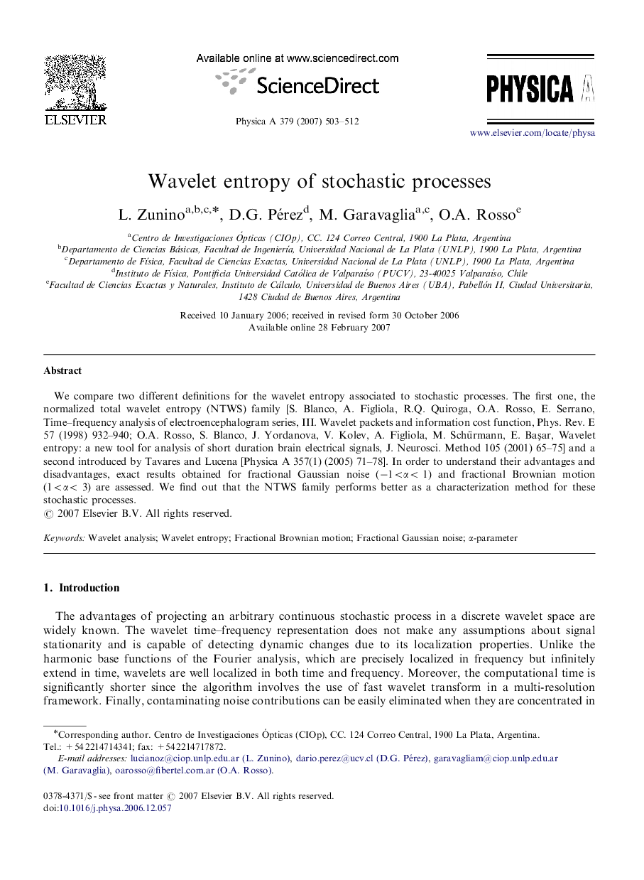 Wavelet entropy of stochastic processes