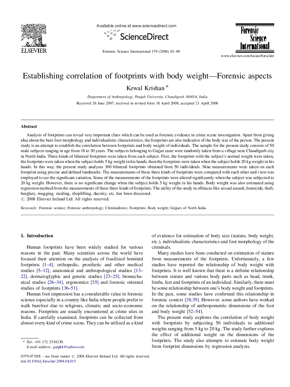 Establishing correlation of footprints with body weight—Forensic aspects