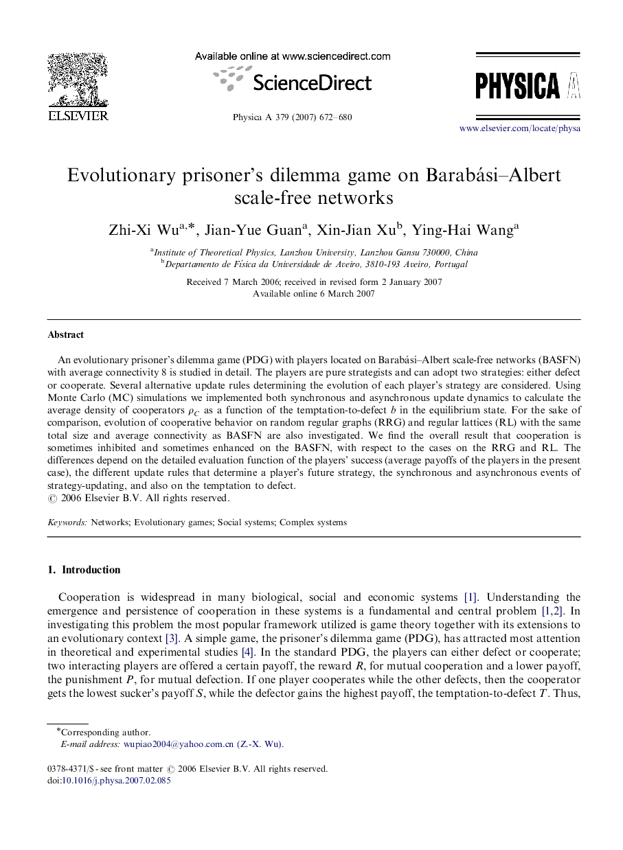 Evolutionary prisoner's dilemma game on Barabási–Albert scale-free networks