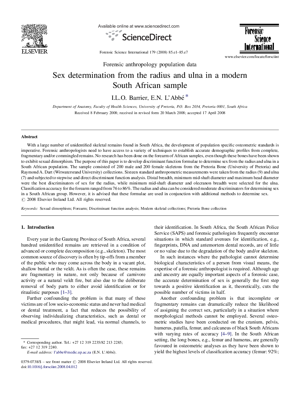 Sex determination from the radius and ulna in a modern South African sample