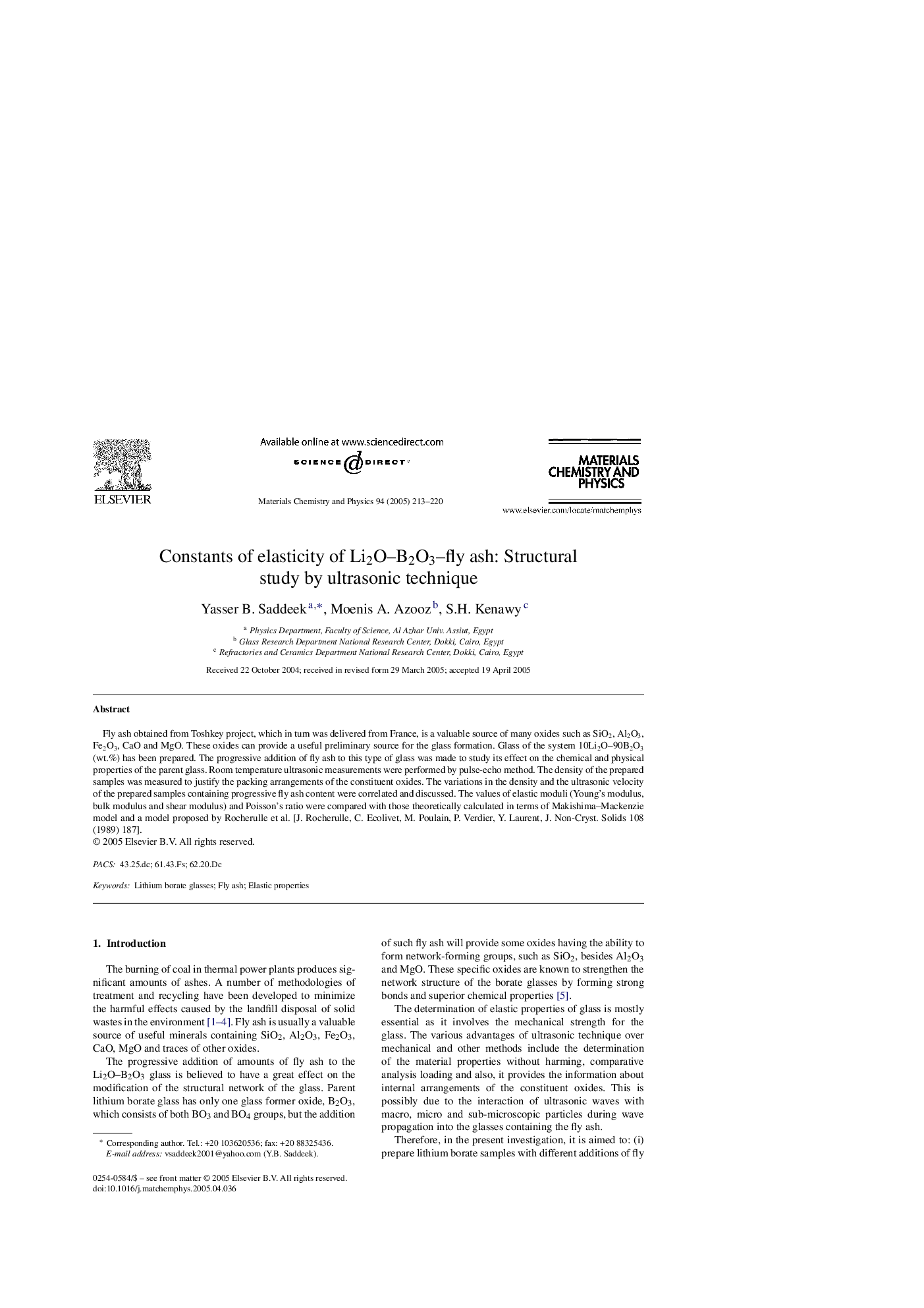 عکس صفحه اول مقاله: Constants of elasticity of Li2O-B2O3-fly ash: Structural study by ultrasonic technique Constants of elasticity of Li2O-B2O3-fly ash: Structural study by ultrasonic technique