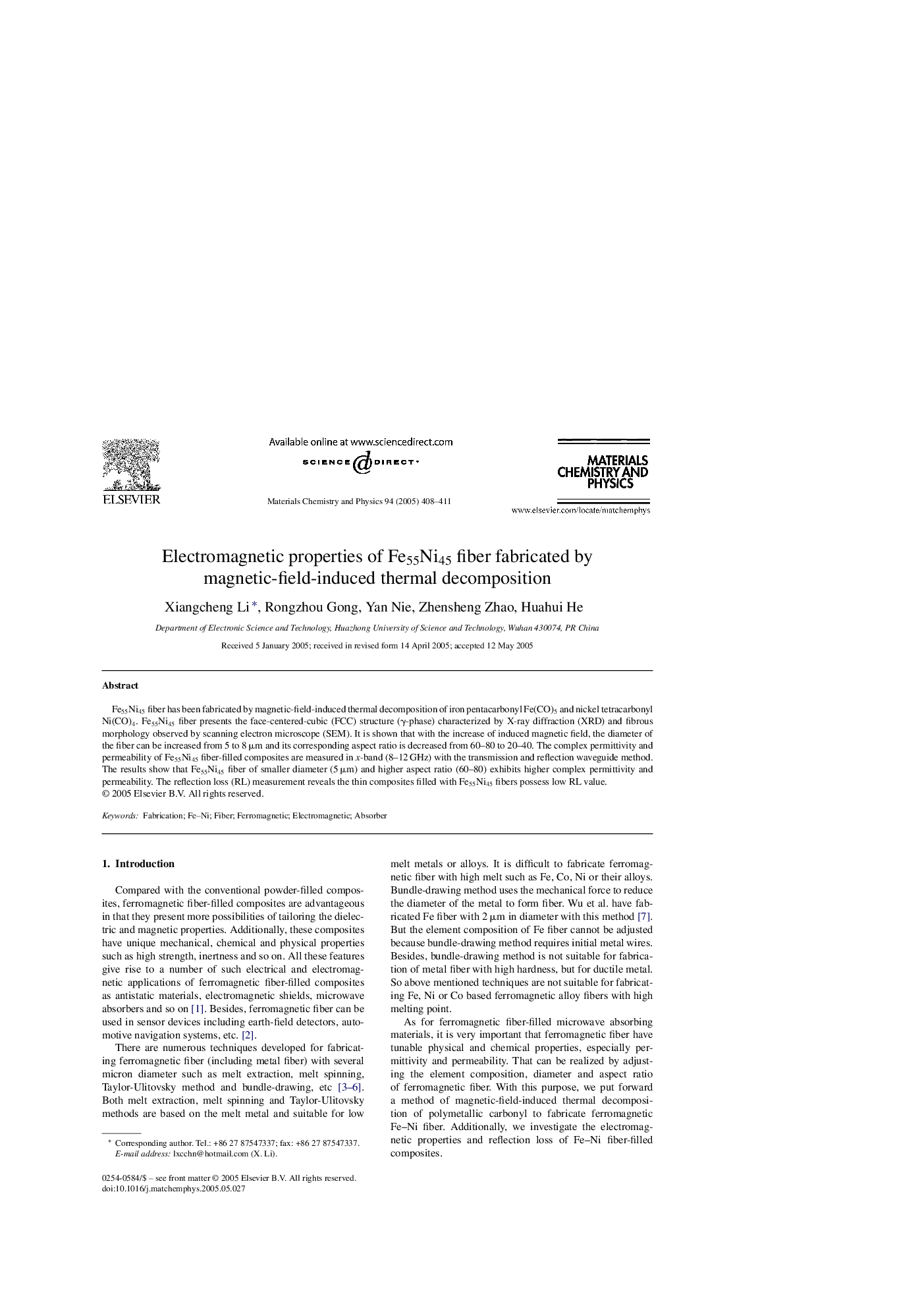 Electromagnetic properties of Fe55Ni45 fiber fabricated by magnetic-field-induced thermal decomposition