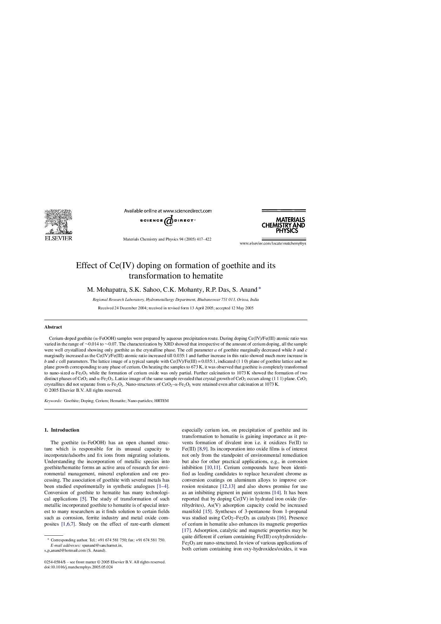عکس صفحه اول مقاله: Effect of Ce(IV) doping on formation of goethite and its transformation to hematite Effect of Ce(IV) doping on formation of goethite and its transformation to hematite