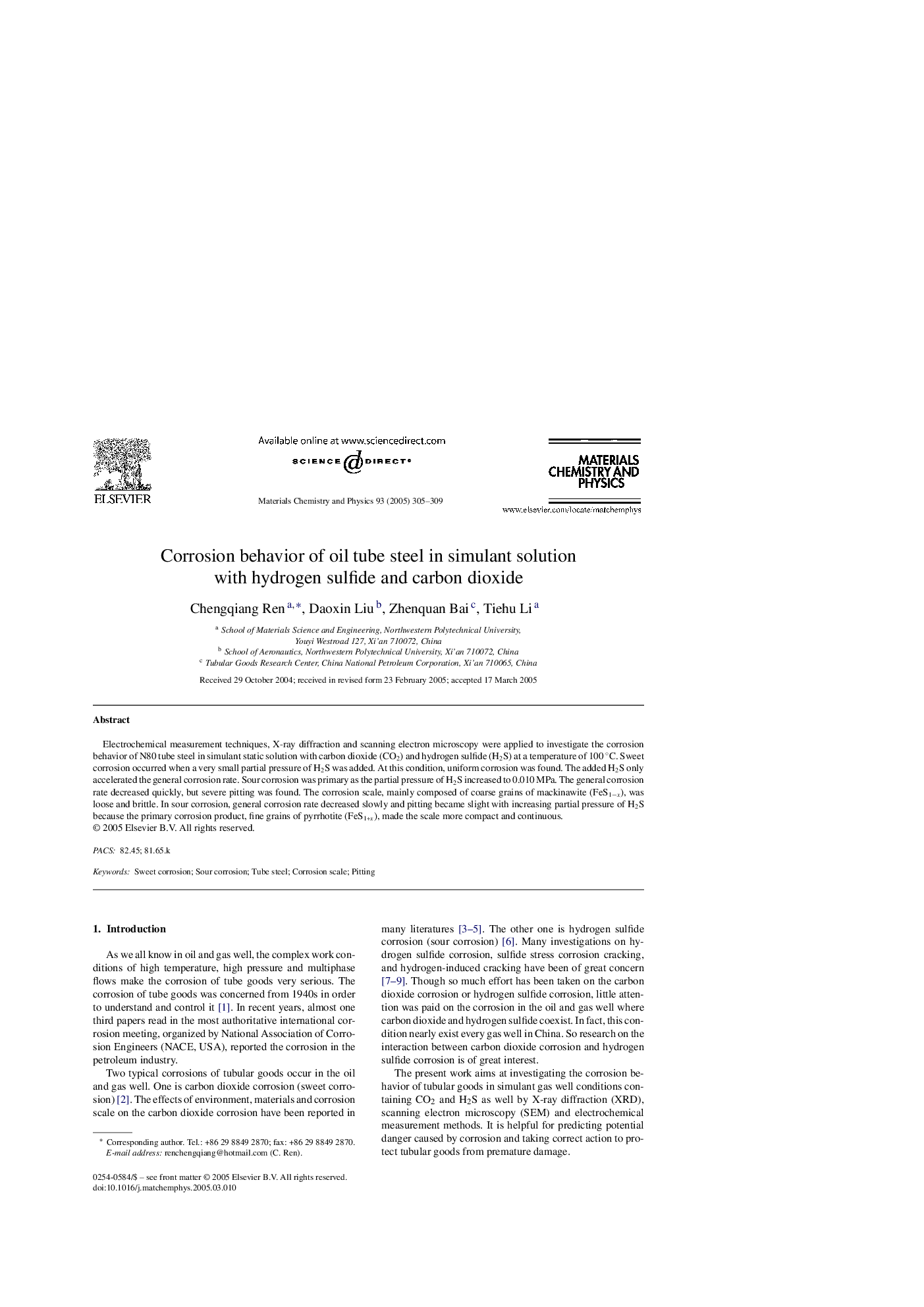 Corrosion behavior of oil tube steel in simulant solution with hydrogen sulfide and carbon dioxide