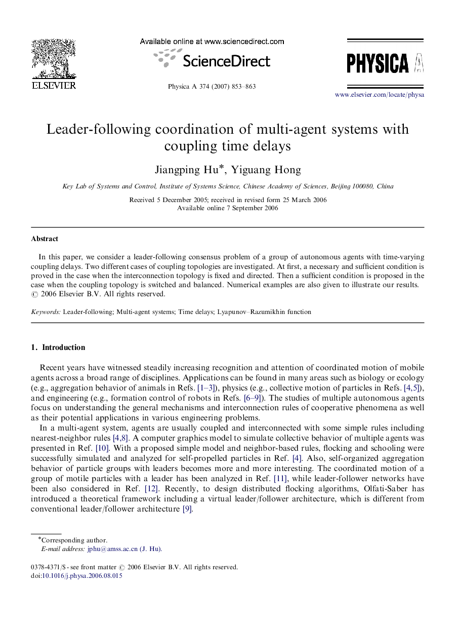 Leader-following coordination of multi-agent systems with coupling time delays