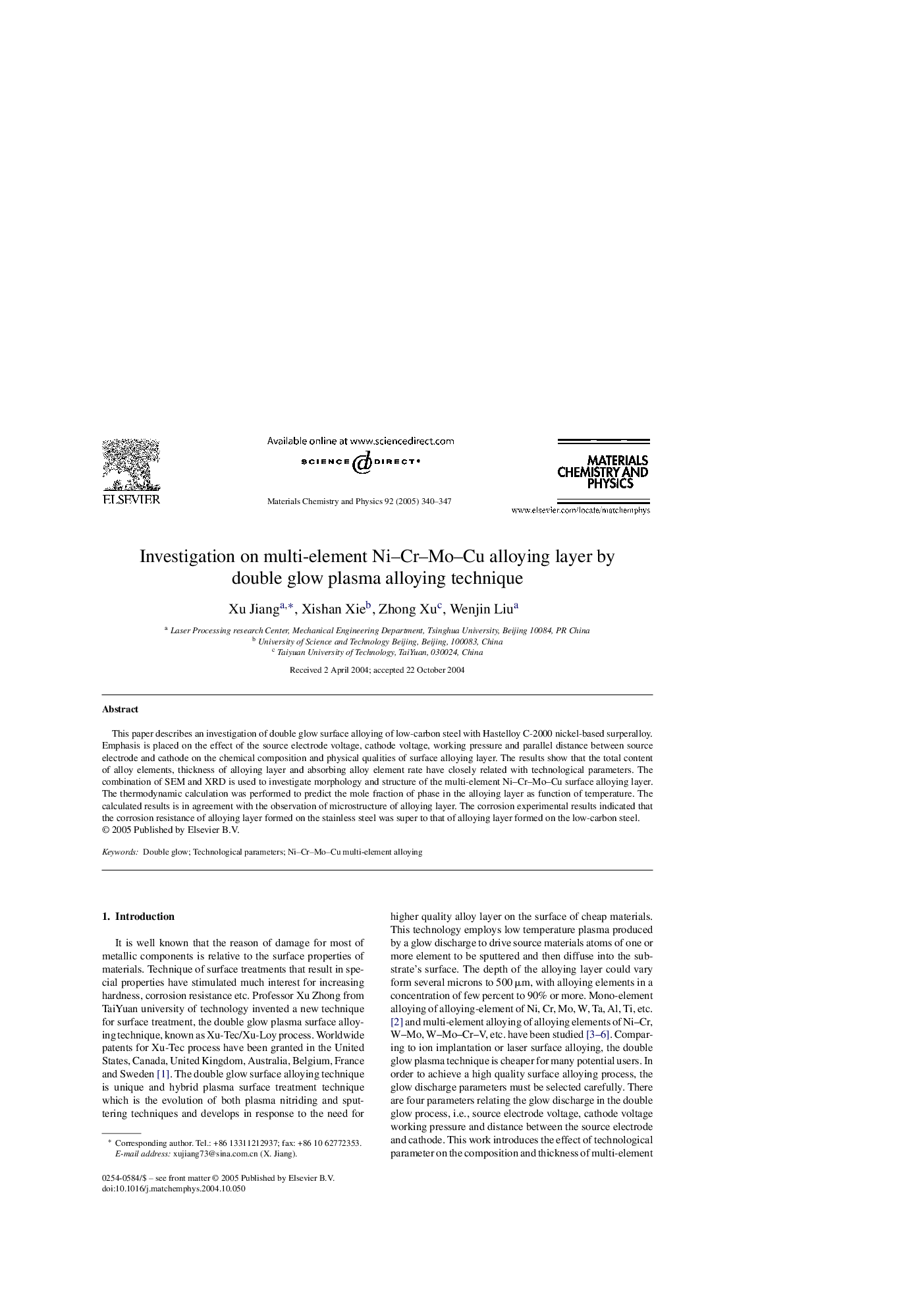 Investigation on multi-element Ni-Cr-Mo-Cu alloying layer by double glow plasma alloying technique