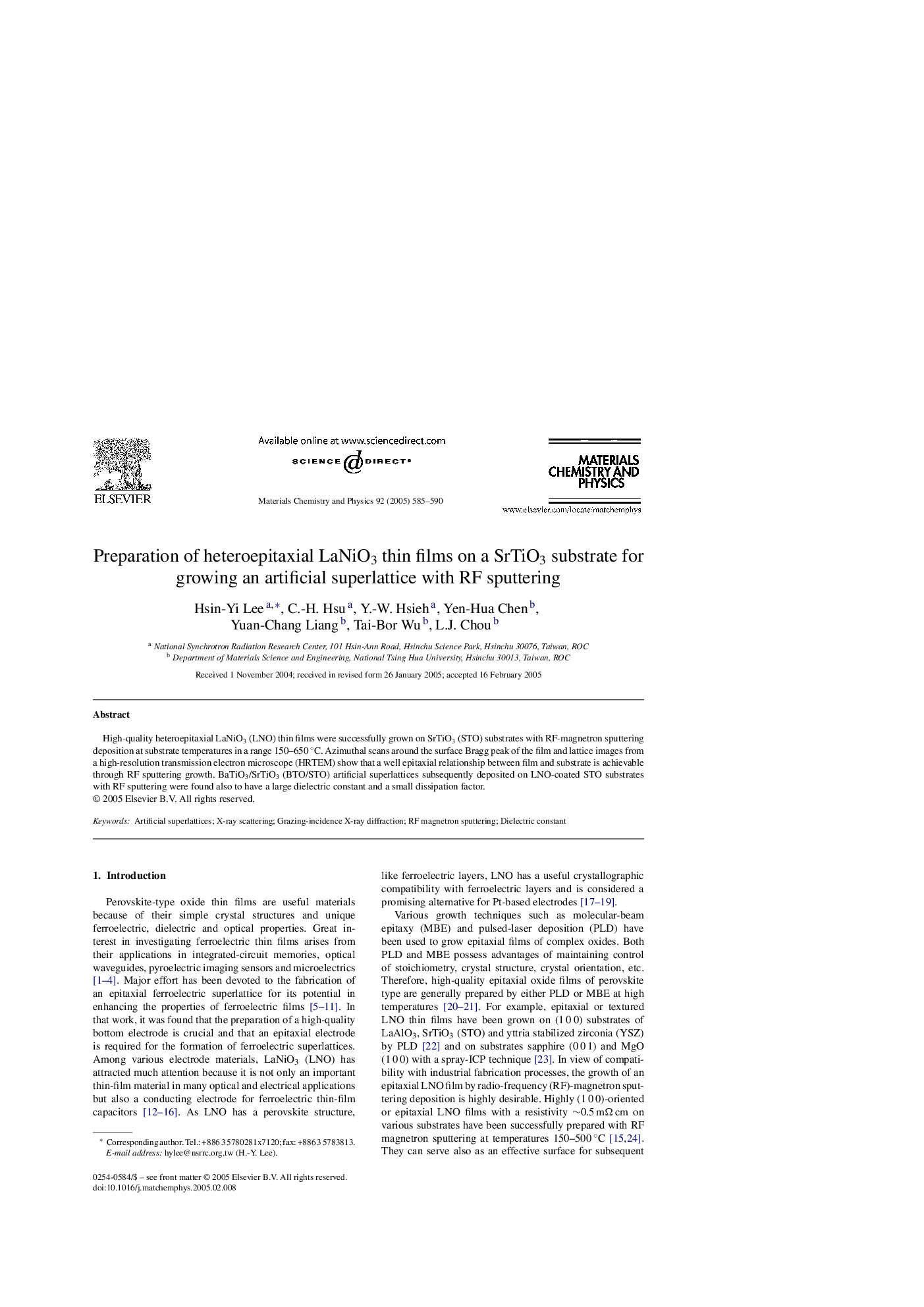 Preparation of heteroepitaxial LaNiO3 thin films on a SrTiO3 substrate for growing an artificial superlattice with RF sputtering