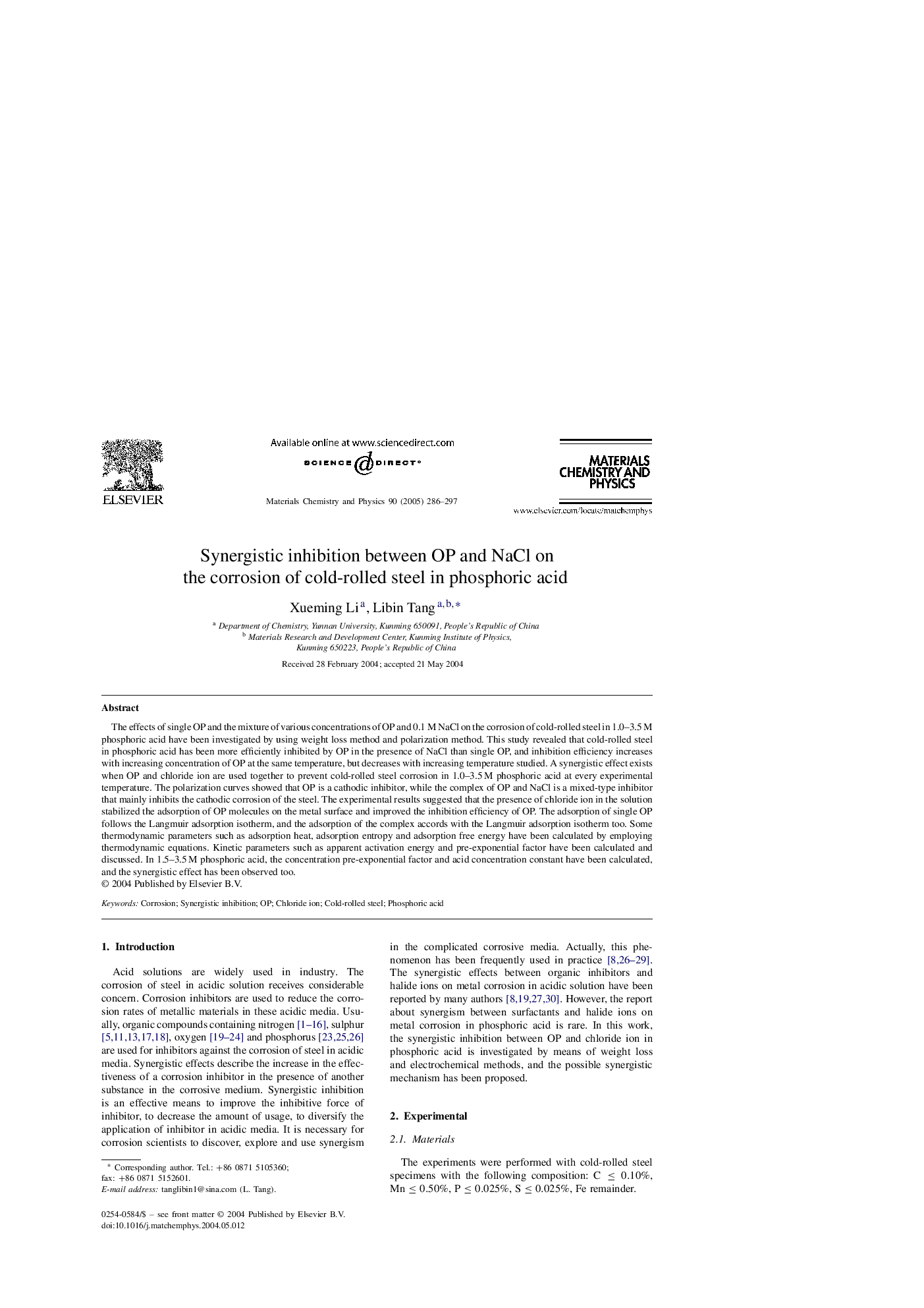 Synergistic inhibition between OP and NaCl on the corrosion of cold-rolled steel in phosphoric acid