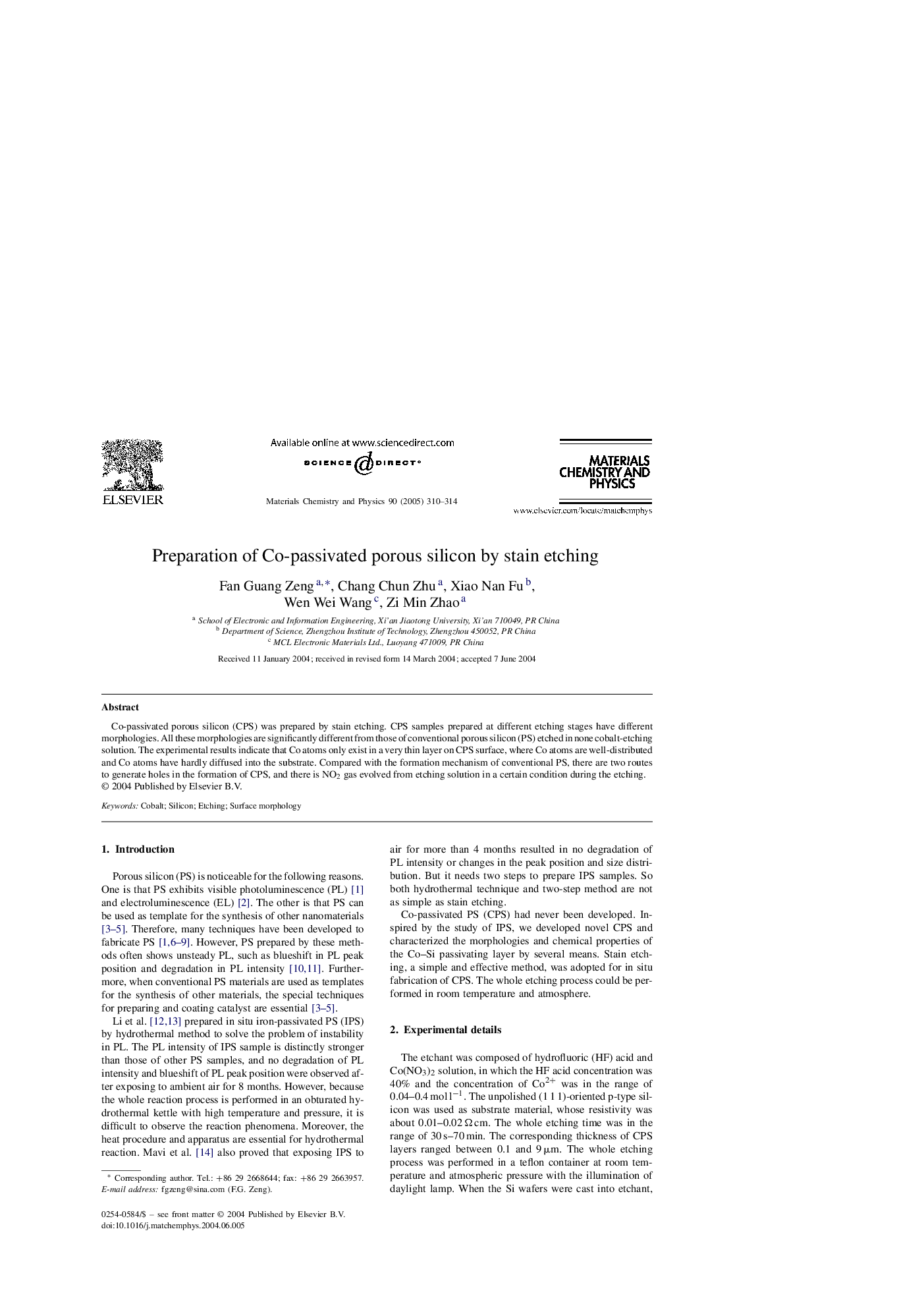 Preparation of Co-passivated porous silicon by stain etching