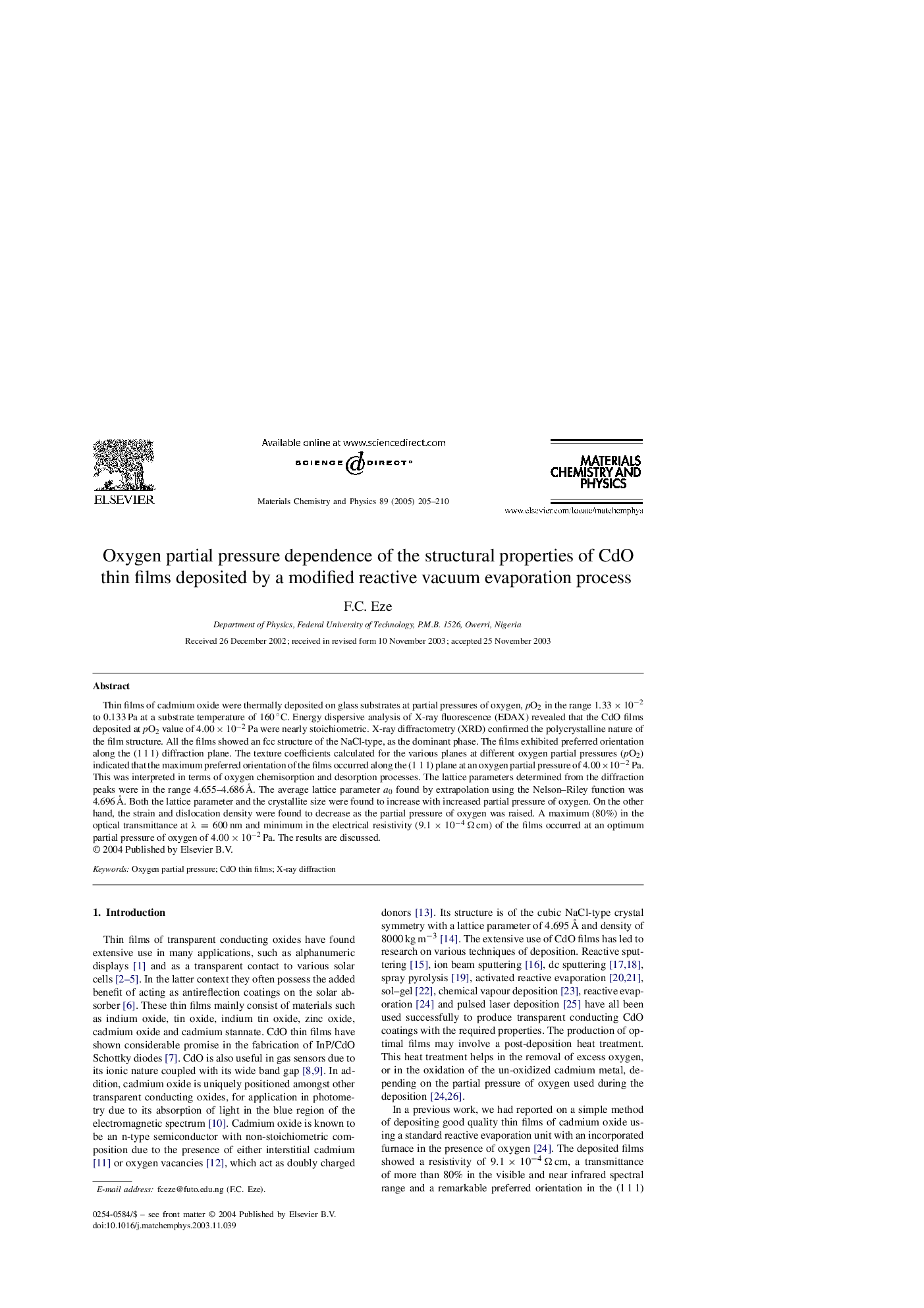 Oxygen partial pressure dependence of the structural properties of CdO thin films deposited by a modified reactive vacuum evaporation process