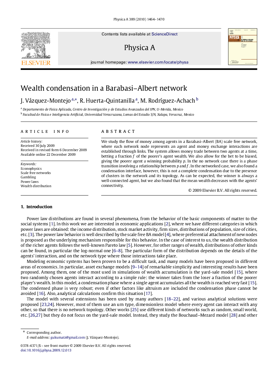 Wealth condensation in a Barabasi-Albert network