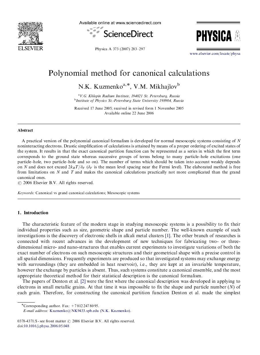 Polynomial method for canonical calculations