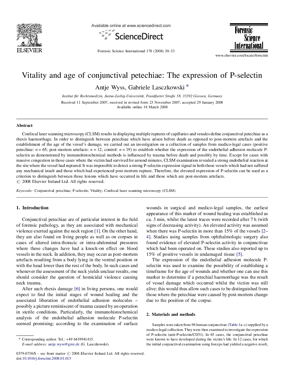 Vitality and age of conjunctival petechiae: The expression of P-selectin