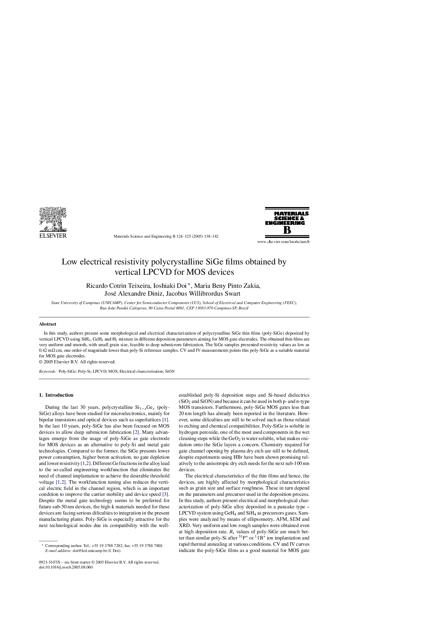 Low electrical resistivity polycrystalline SiGe films obtained by vertical LPCVD for MOS devices