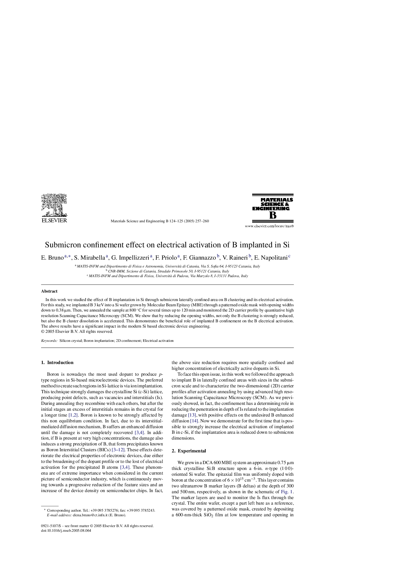 Submicron confinement effect on electrical activation of B implanted in Si