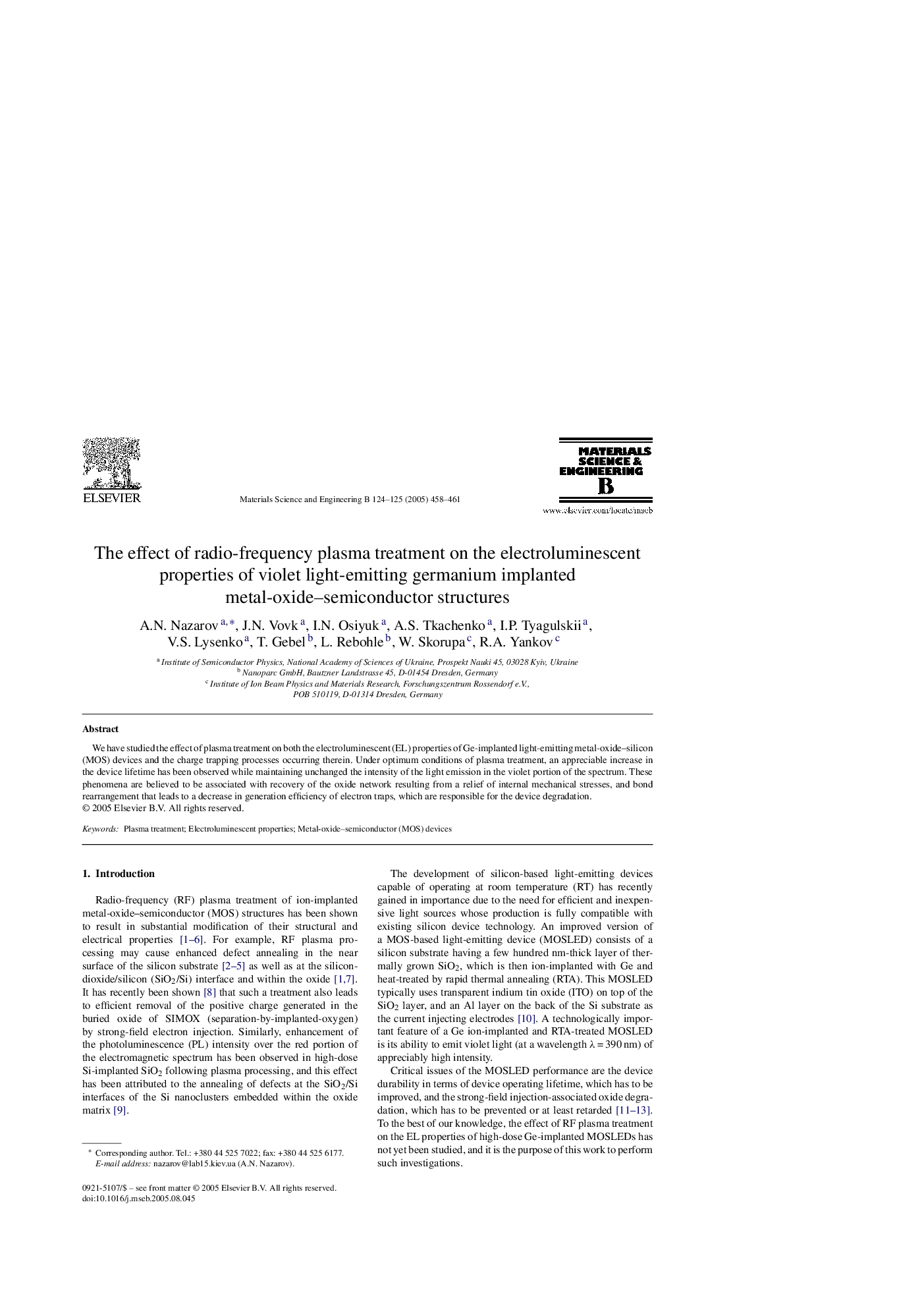 The effect of radio-frequency plasma treatment on the electroluminescent properties of violet light-emitting germanium implanted metal-oxide-semiconductor structures