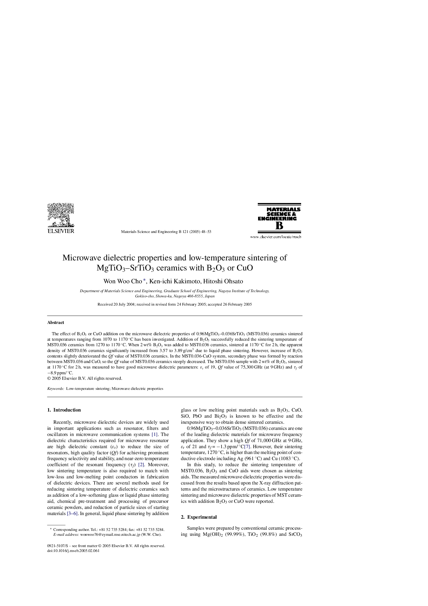 Microwave dielectric properties and low-temperature sintering of MgTiO3-SrTiO3 ceramics with B2O3 or CuO