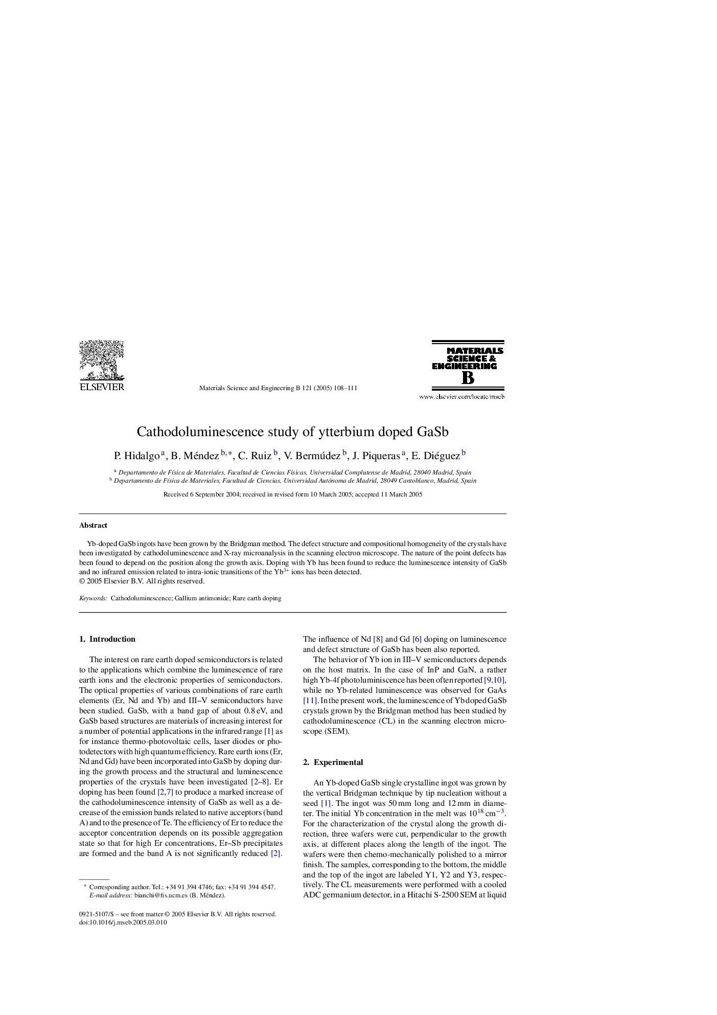 Cathodoluminescence study of ytterbium doped GaSb