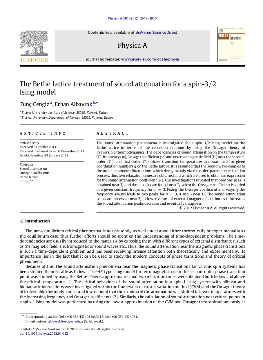 عکس صفحه اول مقاله: The Bethe lattice treatment of sound attenuation for a spin- 3/2 Ising model The Bethe lattice treatment of sound attenuation for a spin- 3/2 Ising model