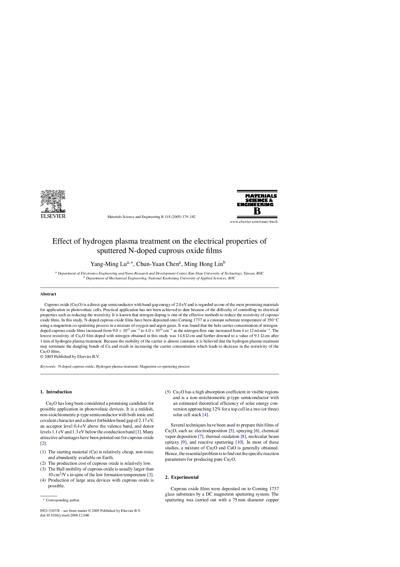 Effect of hydrogen plasma treatment on the electrical properties of sputtered N-doped cuprous oxide films