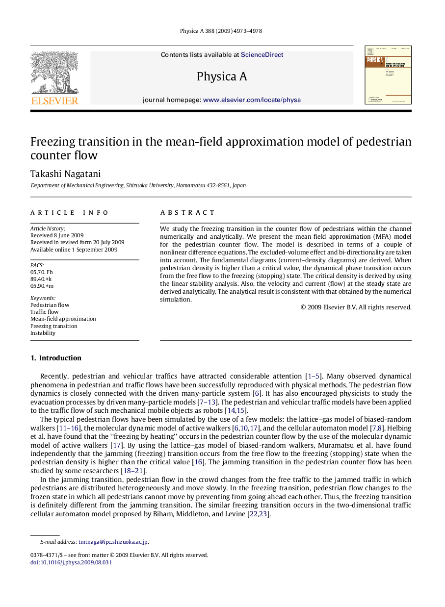 Freezing transition in the mean-field approximation model of pedestrian counter flow