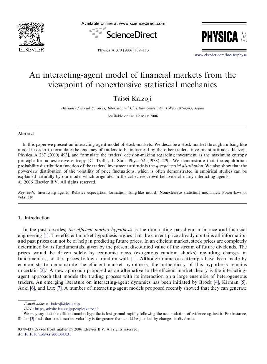 An interacting-agent model of financial markets from the viewpoint of nonextensive statistical mechanics