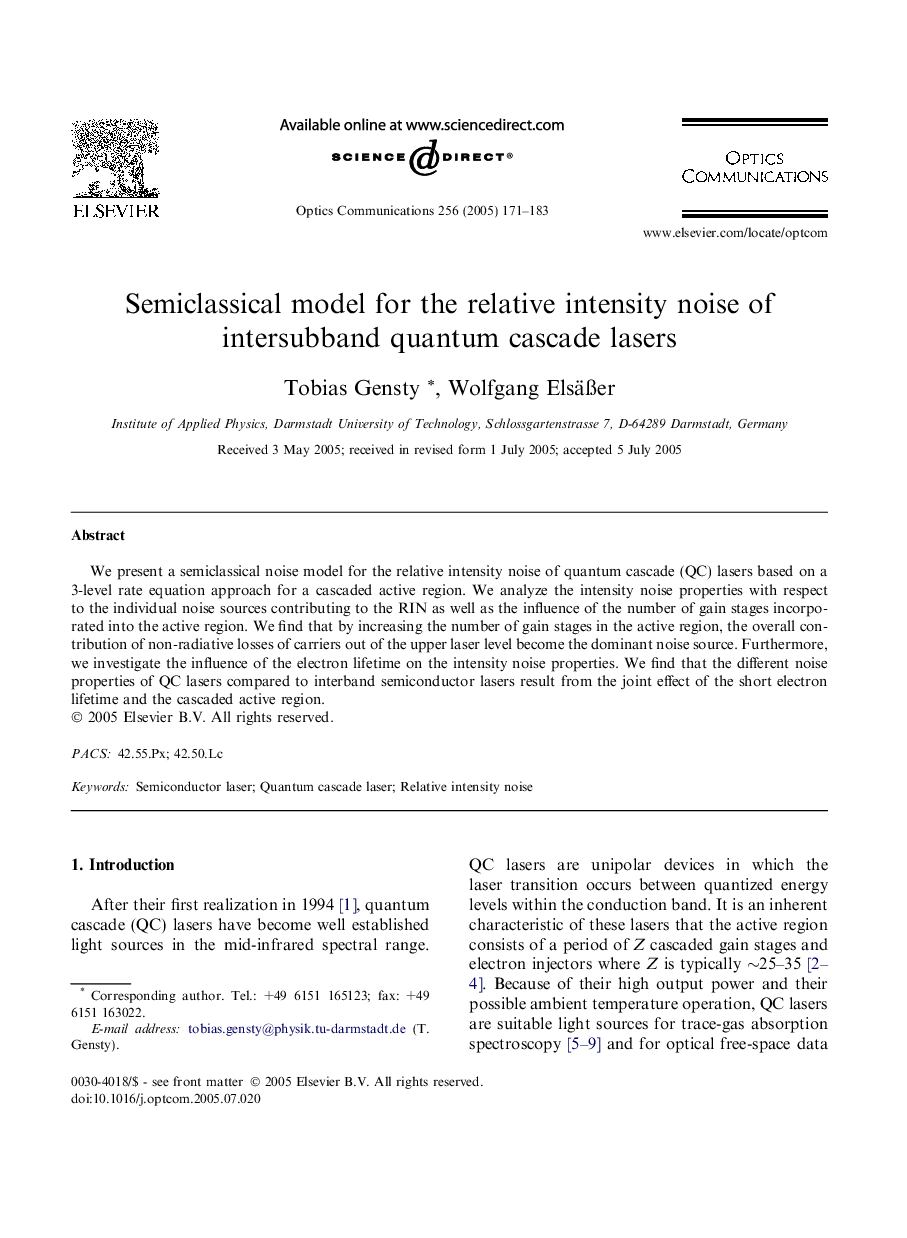 Semiclassical model for the relative intensity noise of intersubband quantum cascade lasers