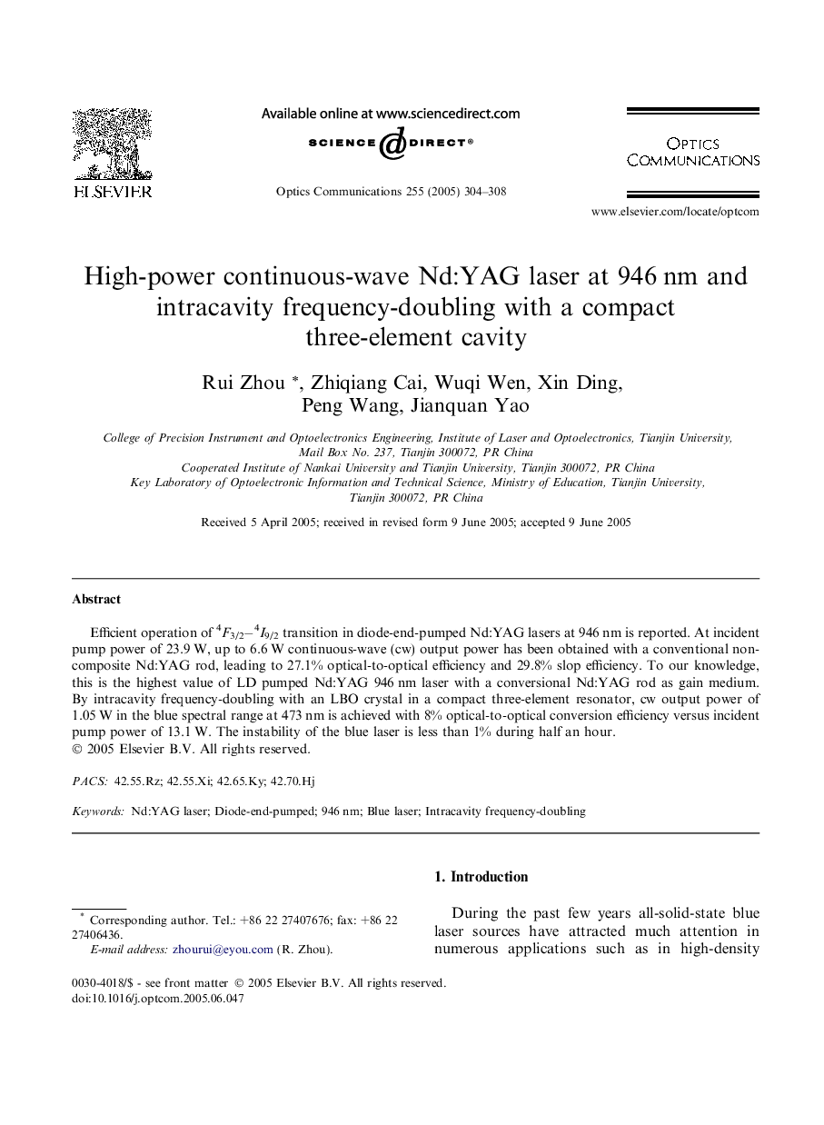 High-power continuous-wave Nd:YAG laser at 946Â nm and intracavity frequency-doubling with a compact three-element cavity