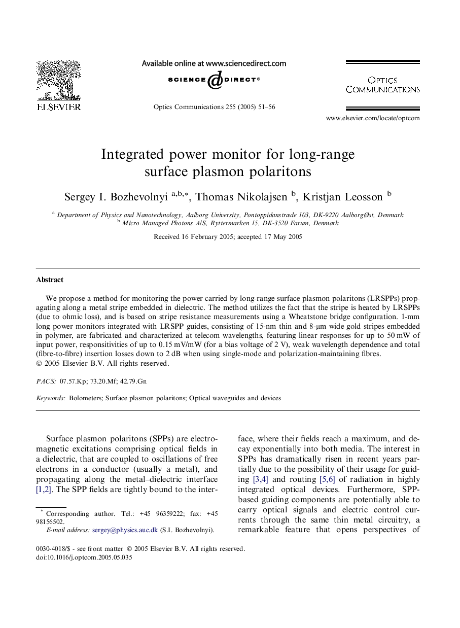 Integrated power monitor for long-range surface plasmon polaritons