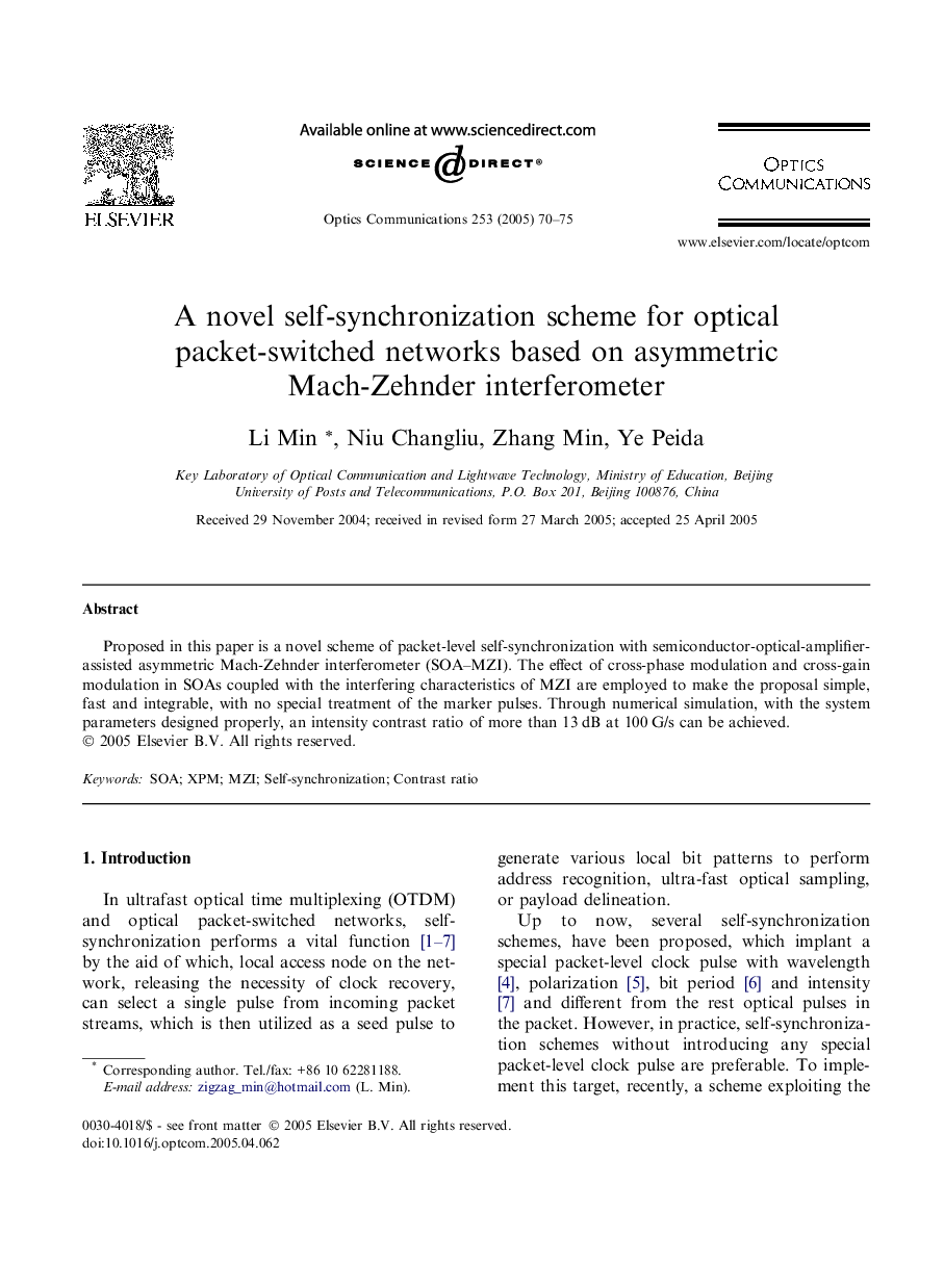 A novel self-synchronization scheme for optical packet-switched networks based on asymmetric Mach-Zehnder interferometer