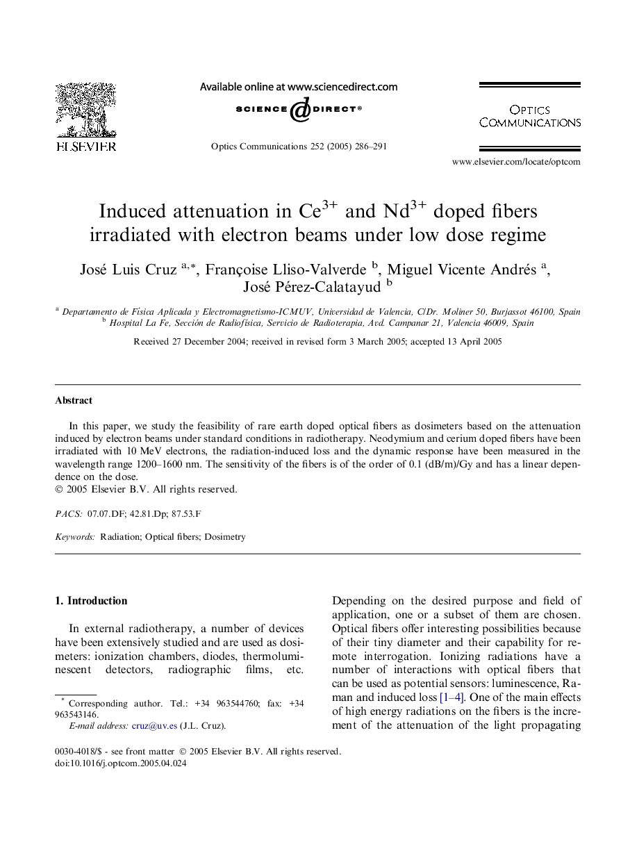 Induced attenuation in Ce3+ and Nd3+ doped fibers irradiated with electron beams under low dose regime