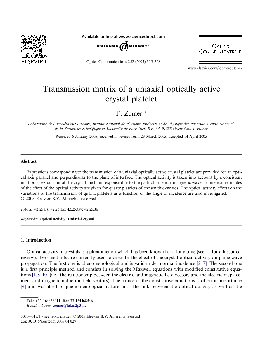 Transmission matrix of a uniaxial optically active crystal platelet