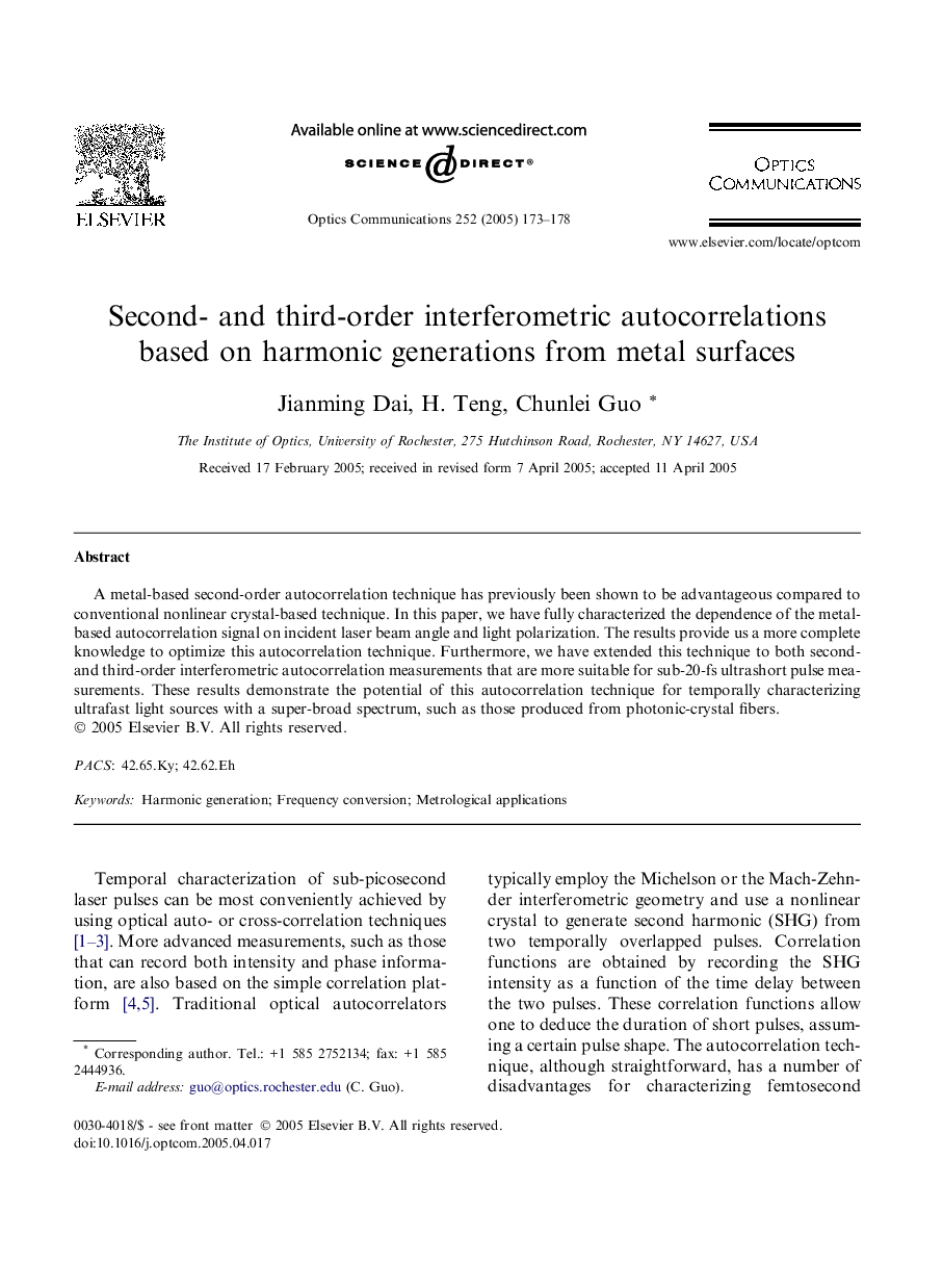 Second- and third-order interferometric autocorrelations based on harmonic generations from metal surfaces