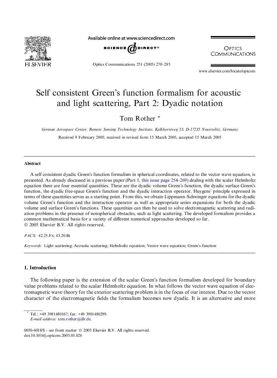 عکس صفحه اول مقاله: Self consistent Green's function formalism for acoustic and light scattering, Part 2: Dyadic notation Self consistent Green's function formalism for acoustic and light scattering, Part 2: Dyadic notation