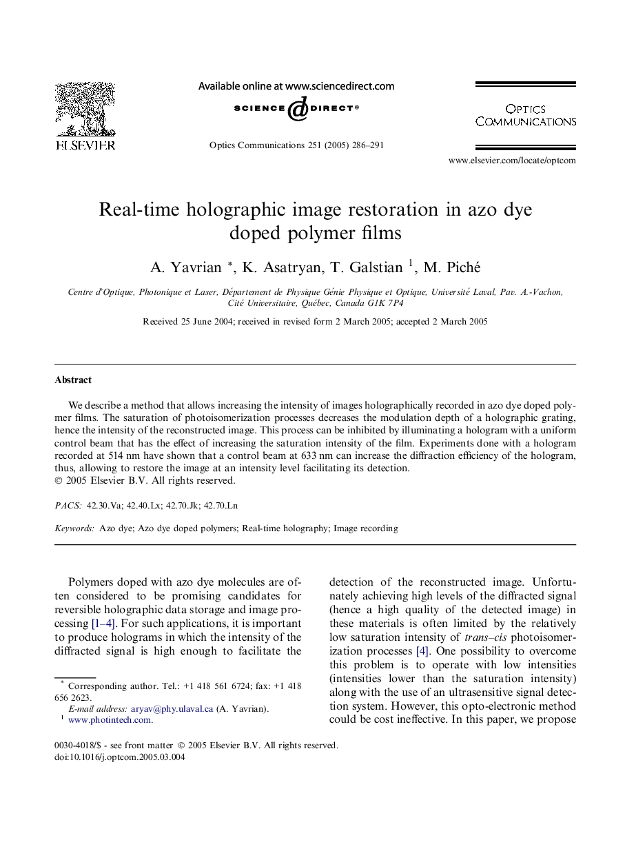 Real-time holographic image restoration in azo dye doped polymer films