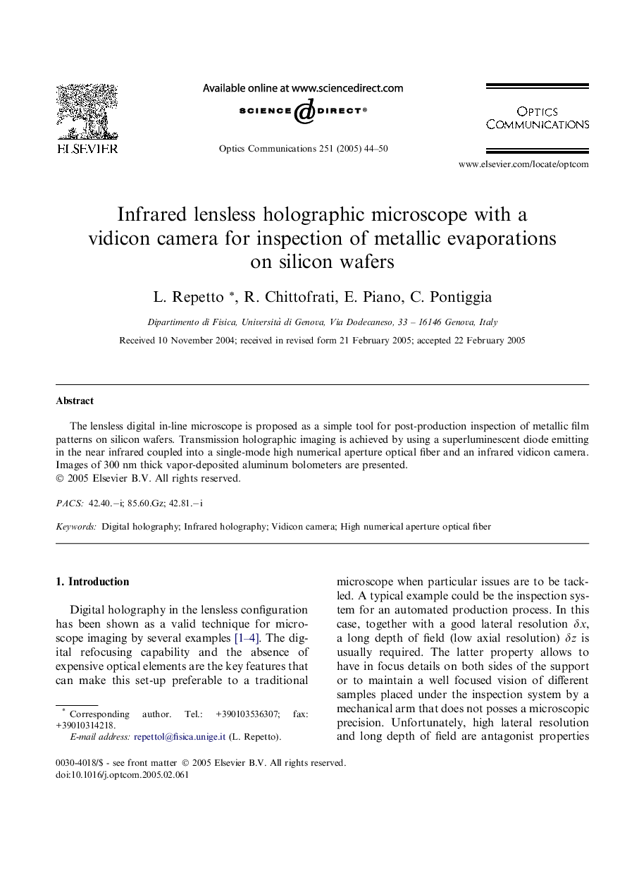 Infrared lensless holographic microscope with a vidicon camera for inspection of metallic evaporations on silicon wafers
