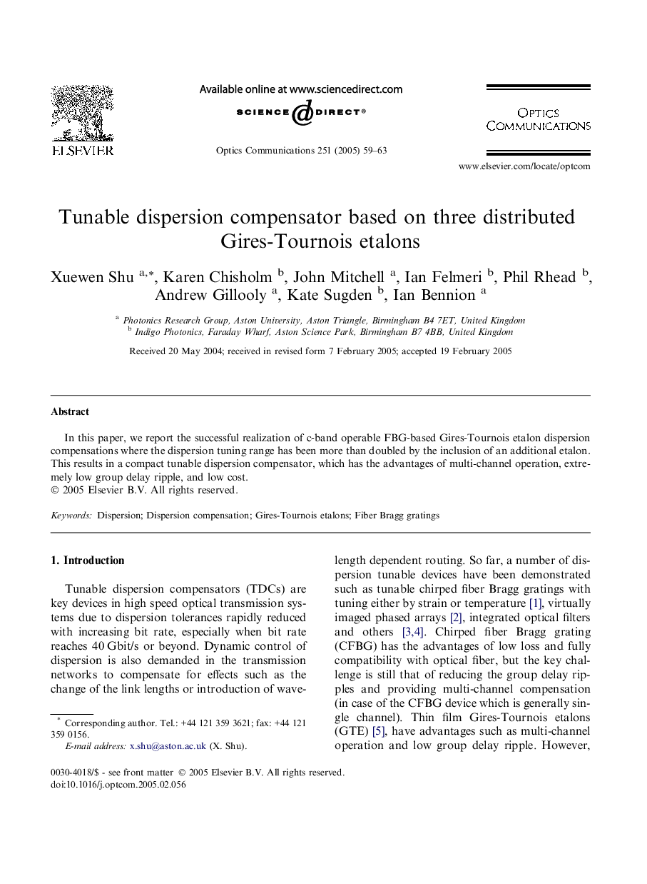 Tunable dispersion compensator based on three distributed Gires-Tournois etalons