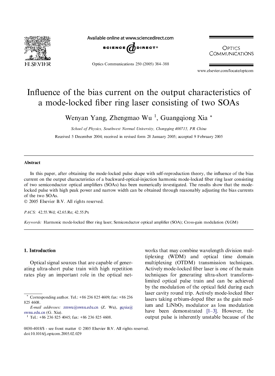 Influence of the bias current on the output characteristics of a mode-locked fiber ring laser consisting of two SOAs